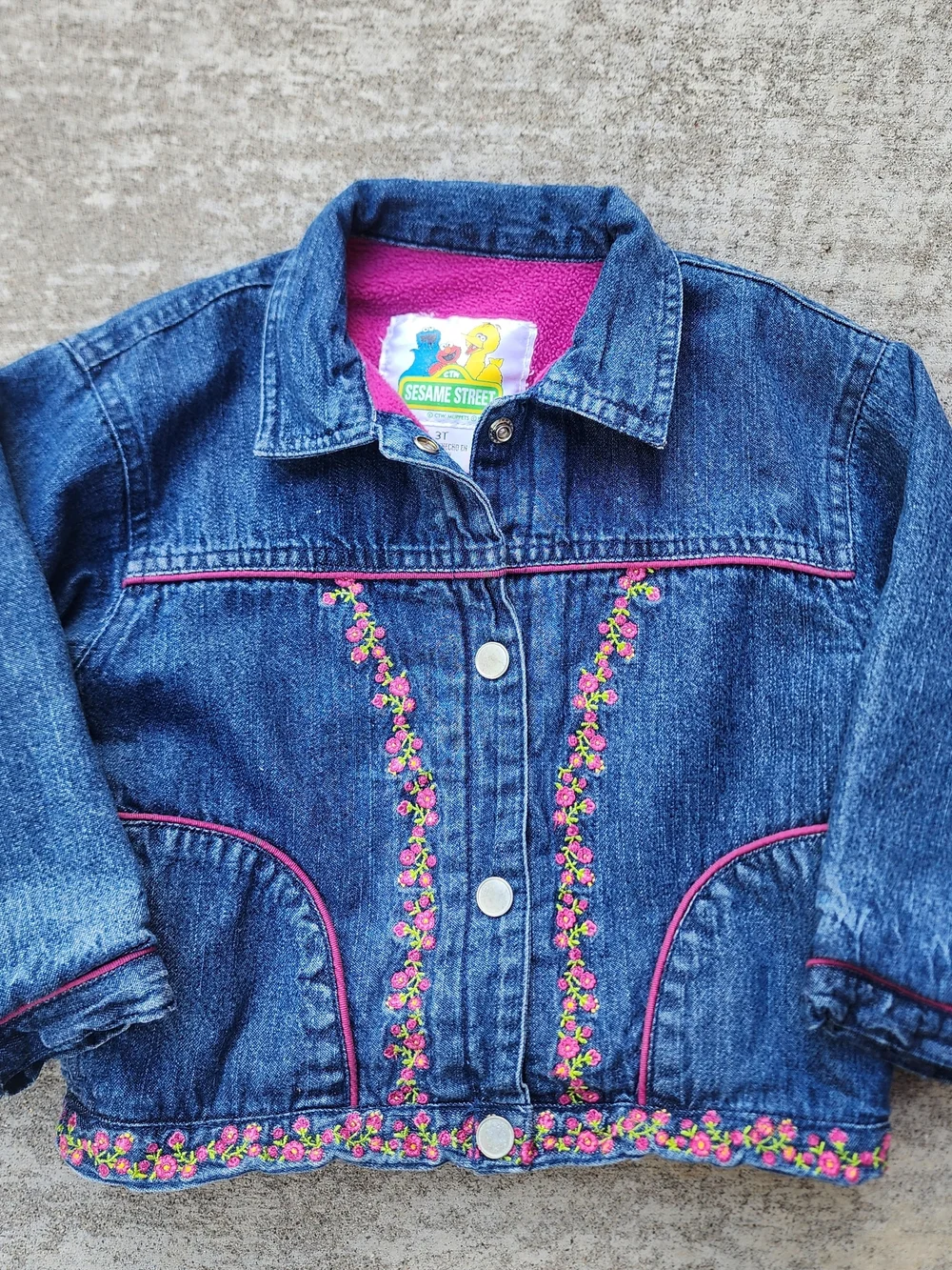 VTG Sesame Street Y2K Kid Girl Blue Denim Jacket, Pink Floral Cottage Trim Sz 3T