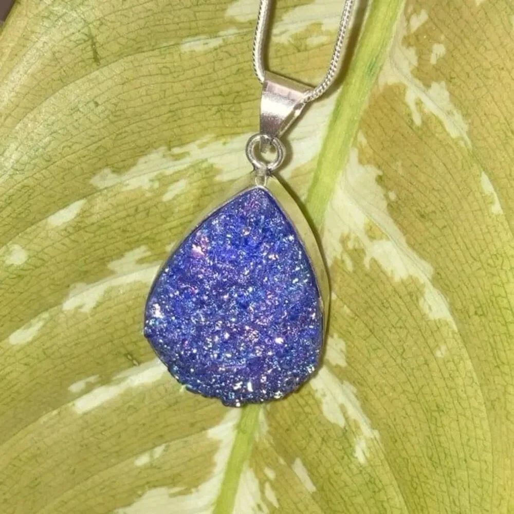 Rainbow Druzy Quartz Healing 925 silver Necklace womens jewelry juniors gift Gem