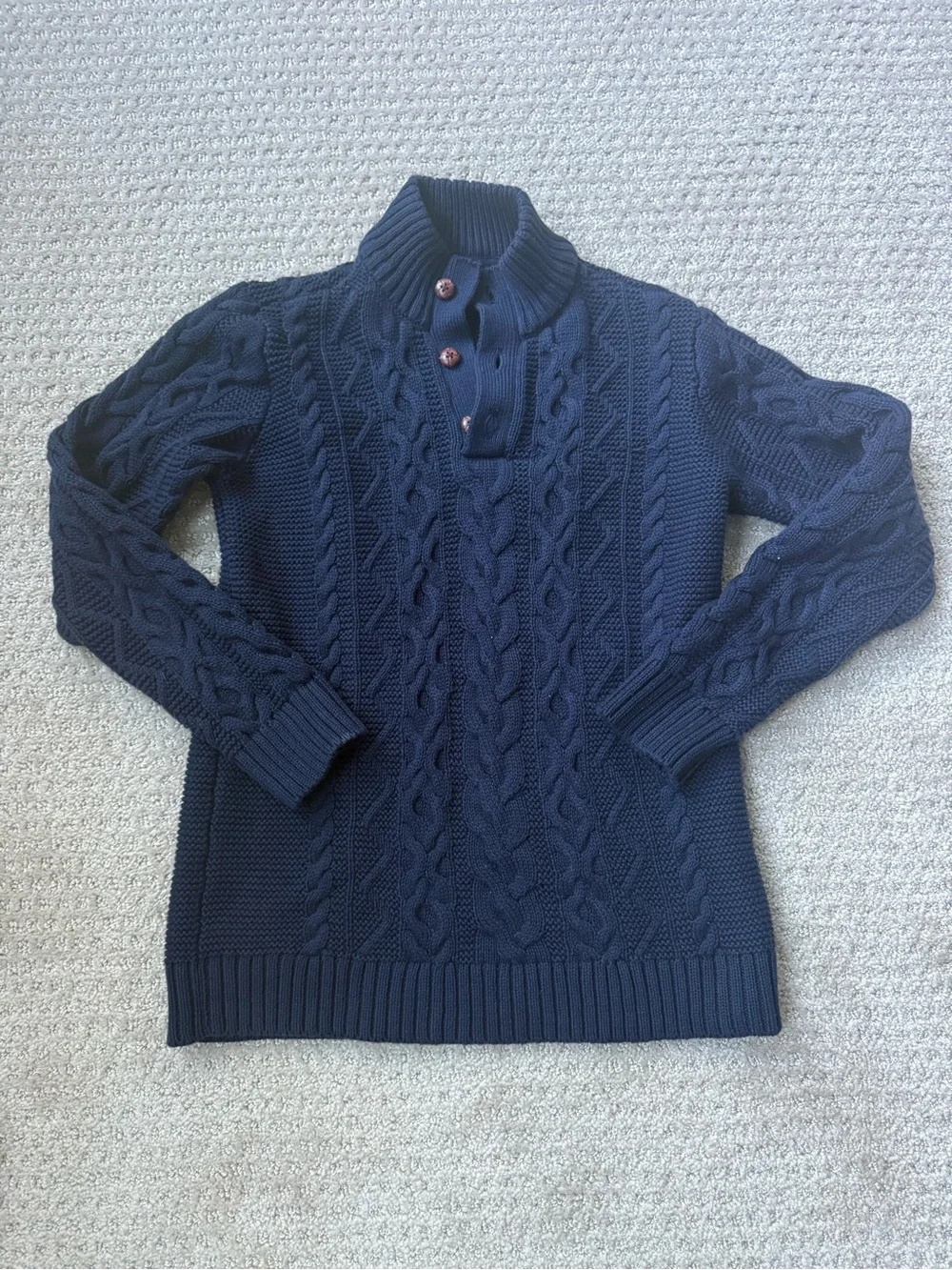 Hope & Henry Boys M Navy Cable Knit Button Mock Neck Sweater