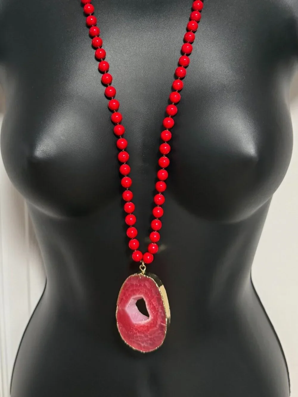 Karma and Luck Long Red Agate Druzy Necklace