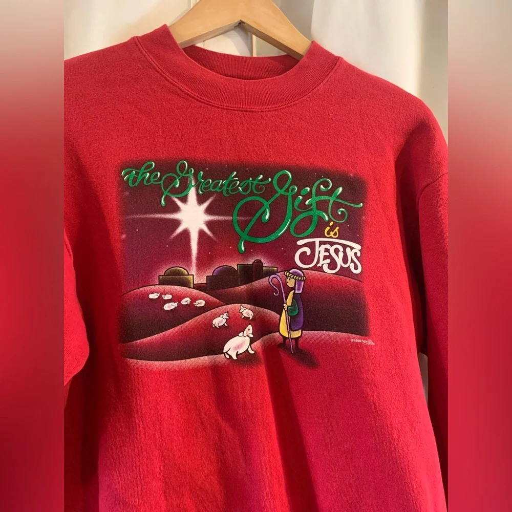 Vintage Christmas Greatest Gift Is JESUS Lee Size Small Sweatshirt Red Crew Neck