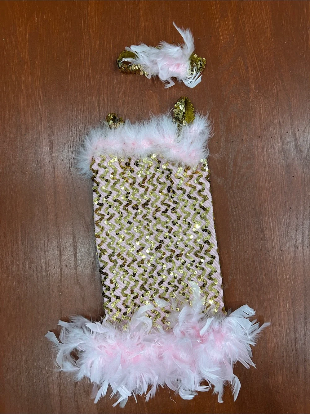 Sequin Feathered Kids Dress& headband Set - Pink and Gold