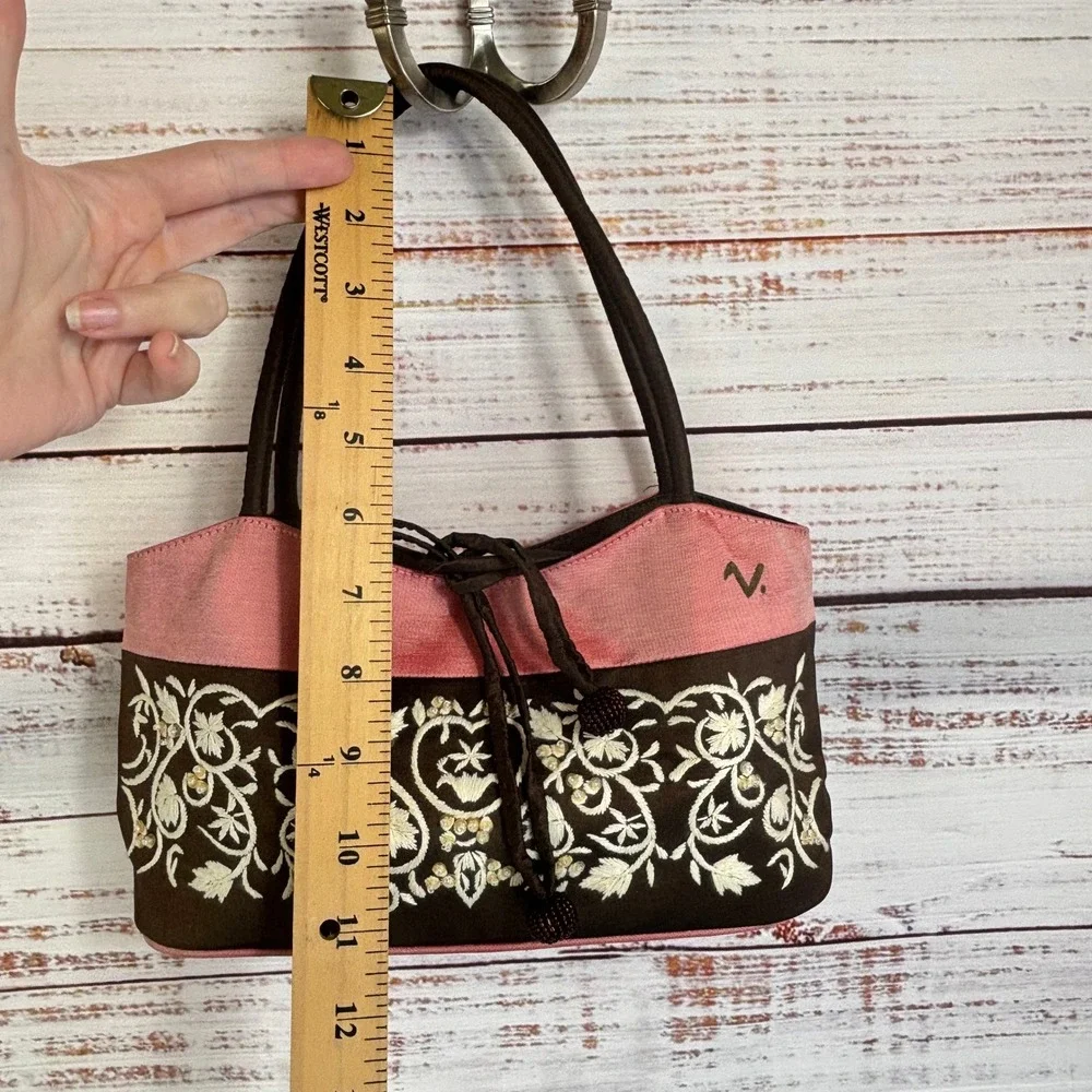 Vintage Shoulder Bag Claire V. Small Pink Brown 100% Silk Embroidered Beaded
