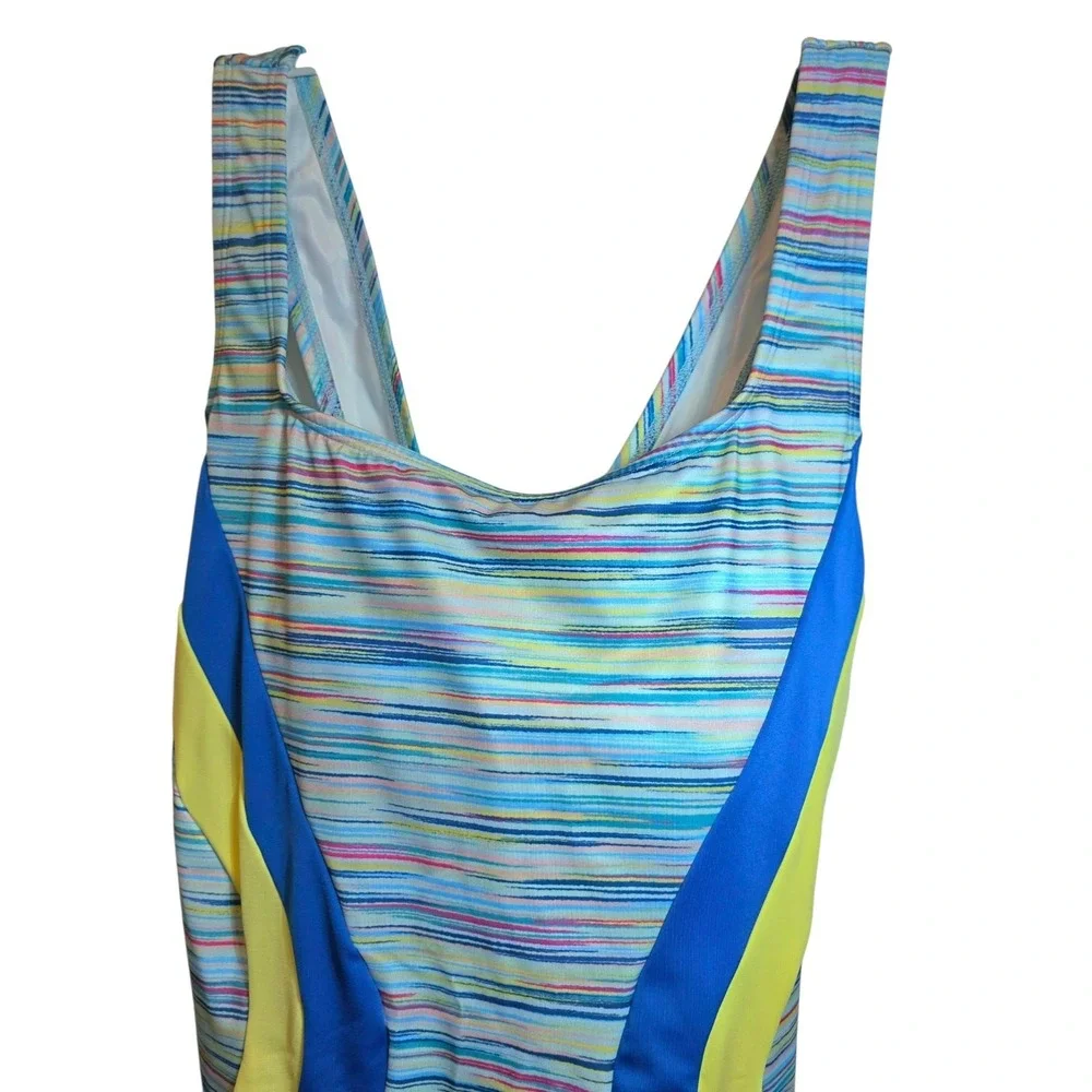 Lands End One Piece Swimsuit X-Back Plus Sz 18 W Colorblock Blue‎ Yellow Modest