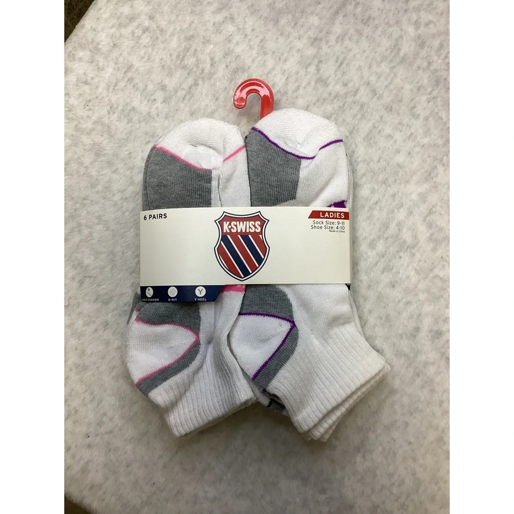 K-Swiss Womens 6 Pair Low Cut Athletic Performance Socks White Grey PK9303‎