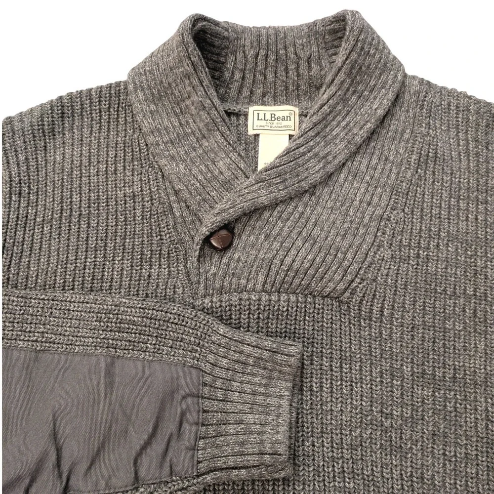 LL Bean Mens XL Shawl Collar Sweater Gray Cotton Elbow Patch Cabincore Heritage