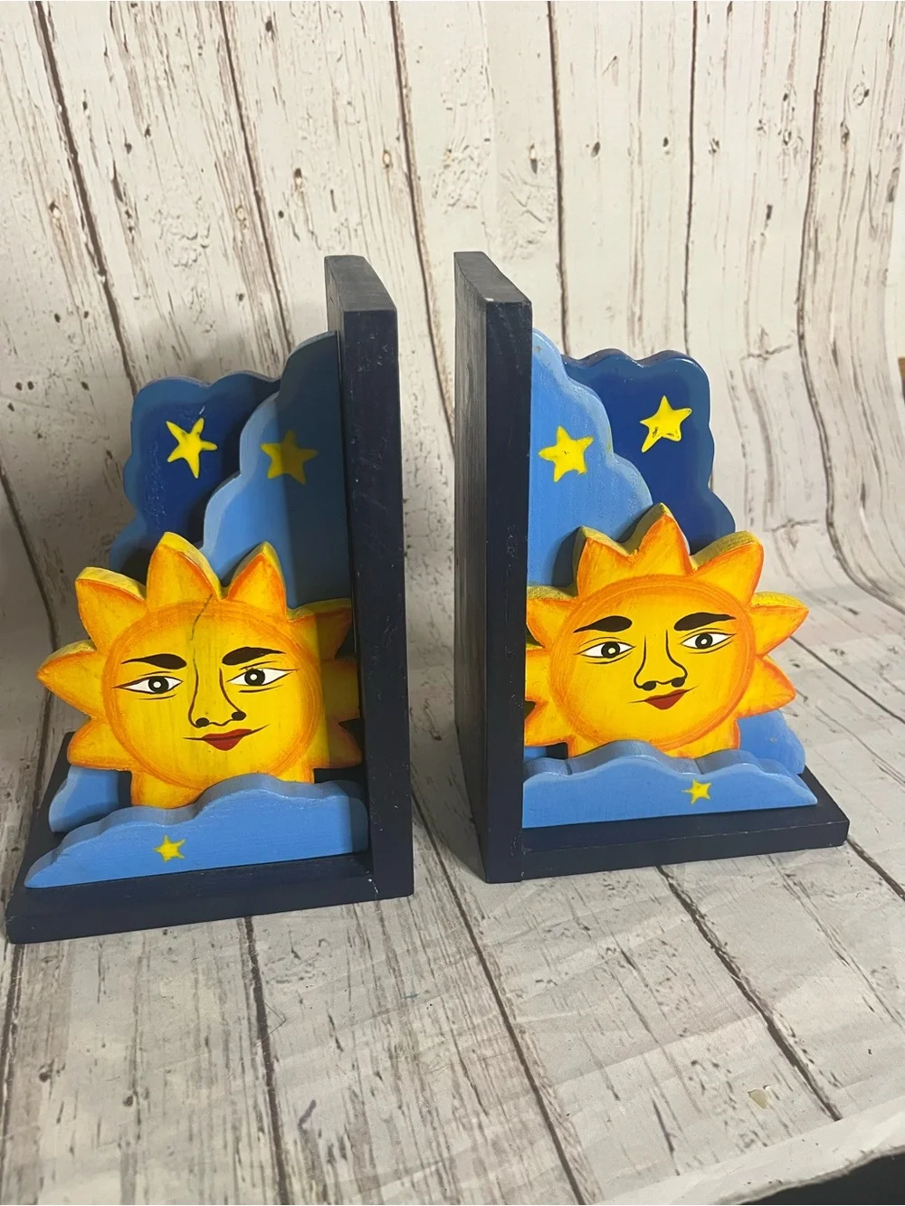 Vintage Celestial Folk Art Hand Painted Sun & Star Wood Bookends