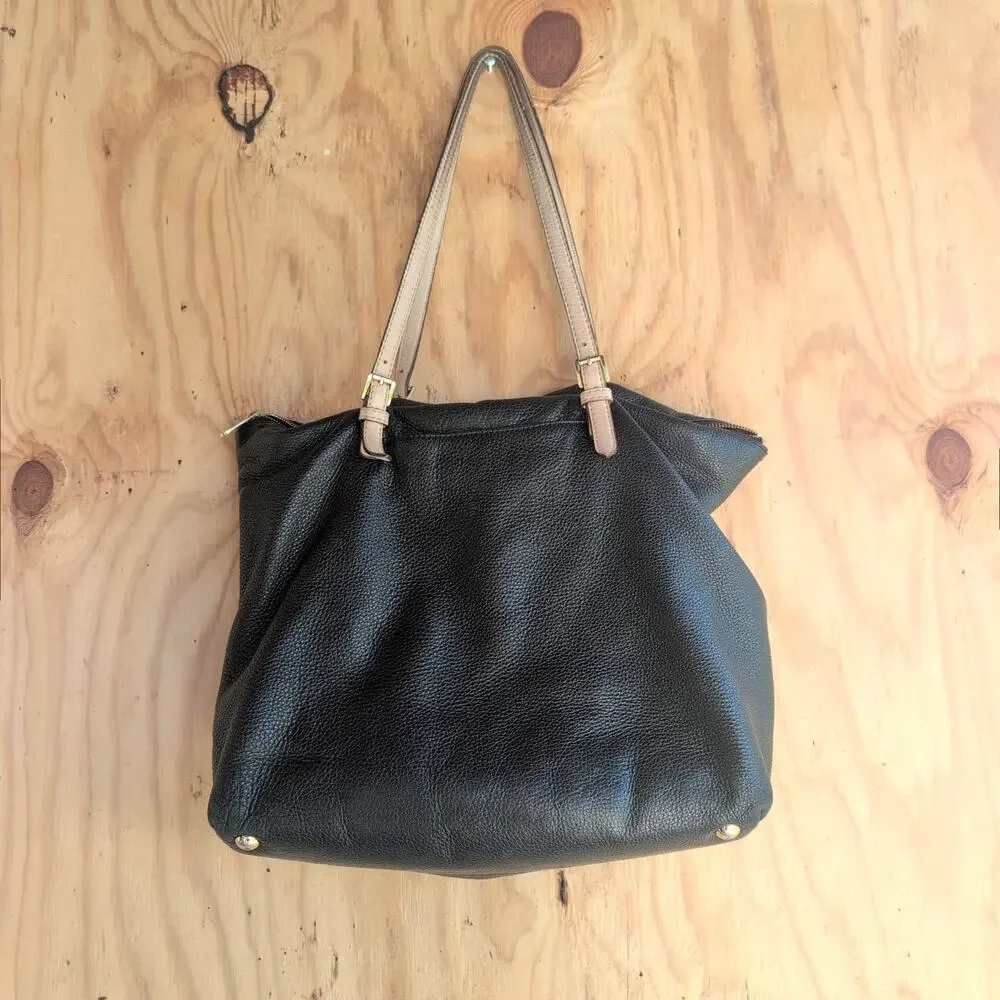 Michael Kors Jet Set Large Pebbled Black/Cream Leather Shoulder Bag Tote Purse