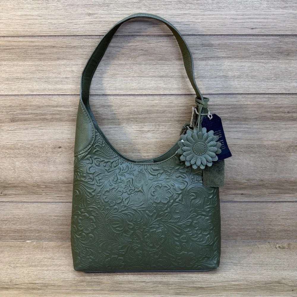 Genuine Tooled Leather Floral Shoulder Bag Hobo Dark Green Charm India Brooklyn
