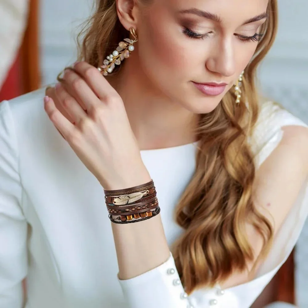 Leopard Bracelet for Women, Boho Leather Wrap Multi-Layer Pearl Crystal Bracelet