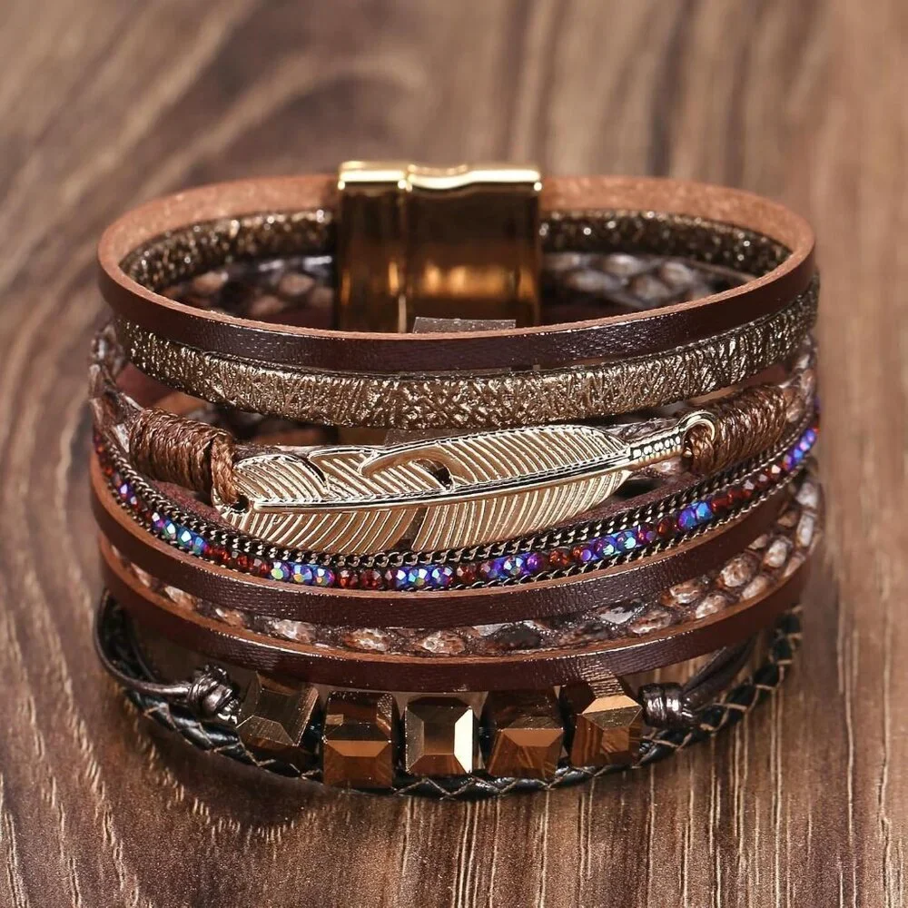 Leopard Bracelet for Women, Boho Leather Wrap Multi-Layer Pearl Crystal Bracelet