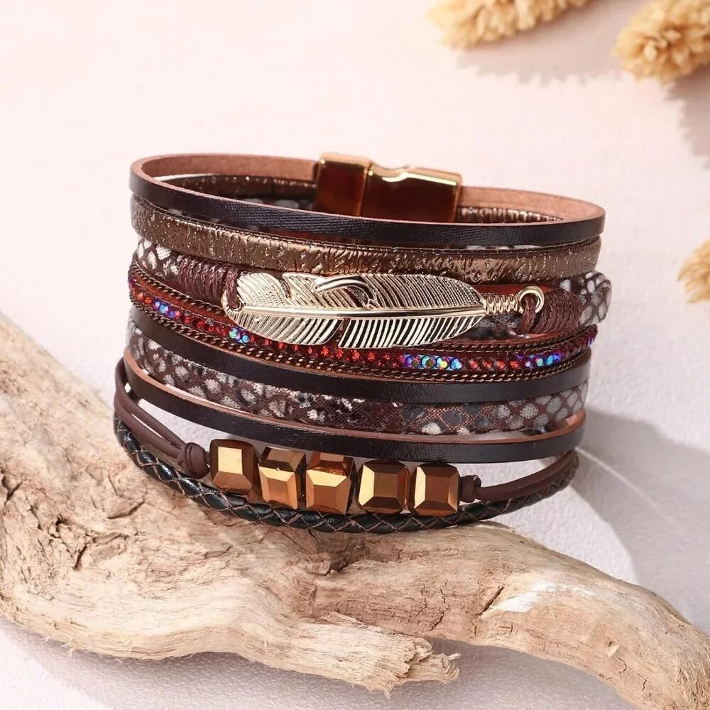 Leopard Bracelet for Women, Boho Leather Wrap Multi-Layer Pearl Crystal Bracelet