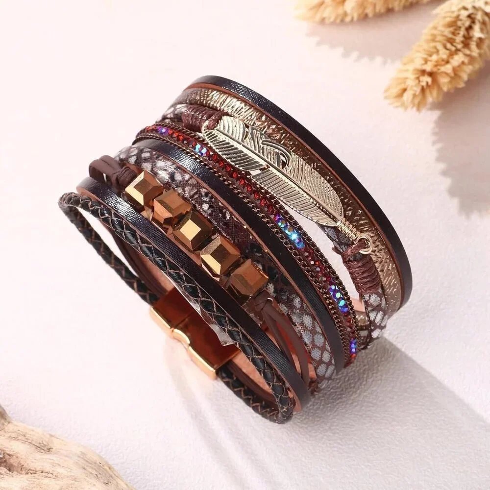 Leopard Bracelet for Women, Boho Leather Wrap Multi-Layer Pearl Crystal Bracelet