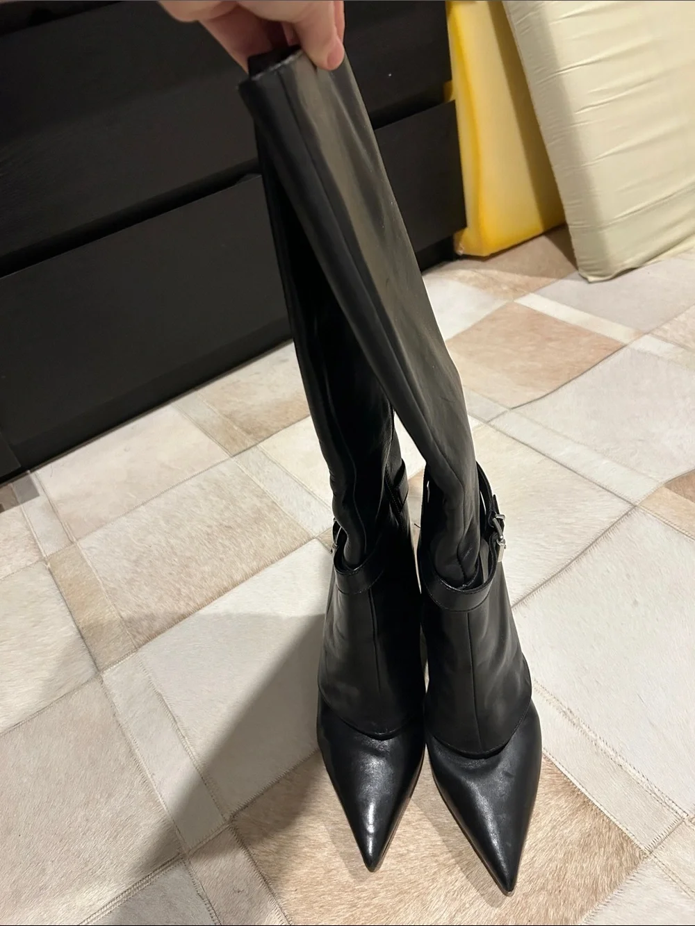 SCHUTZ Black Leather Mid-Calf Women’s Boots with Buckle