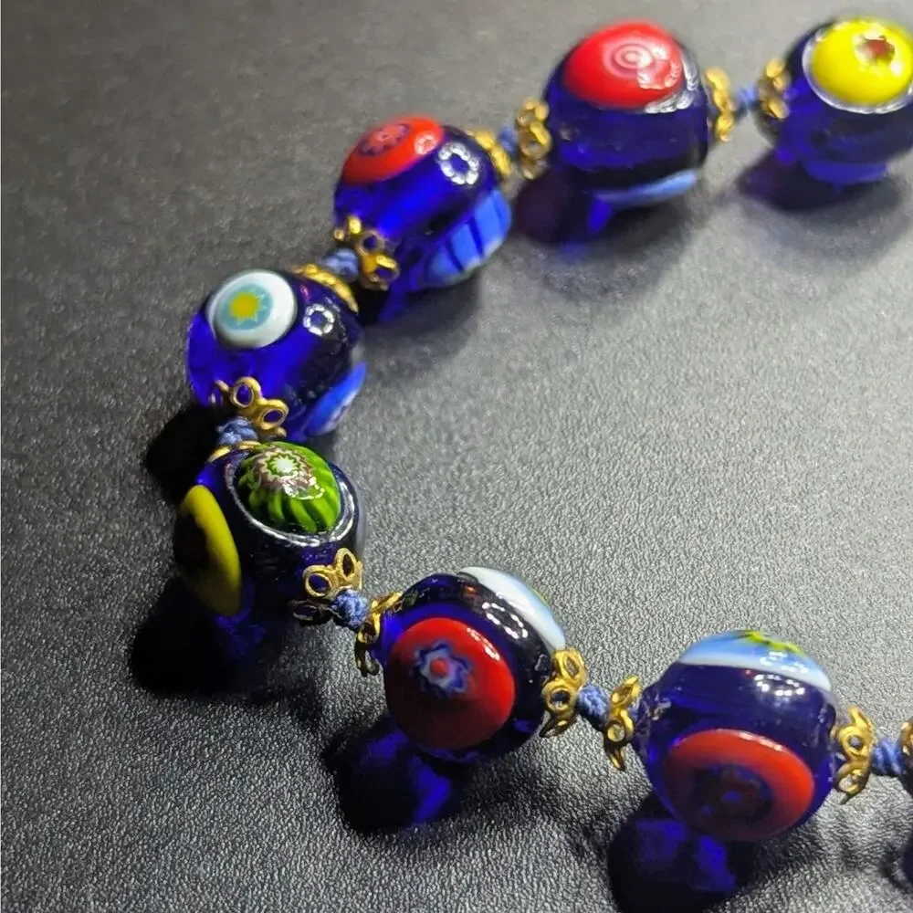 Vintage Millefiori Glass Bead Bracelet – Cobalt Blue w/ Multicolor Floral Canes