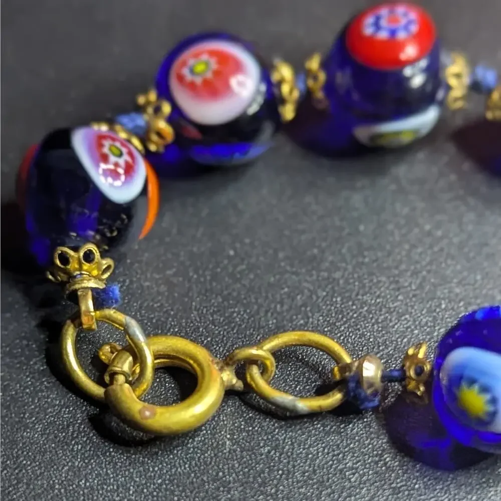 Vintage Millefiori Glass Bead Bracelet – Cobalt Blue w/ Multicolor Floral Canes