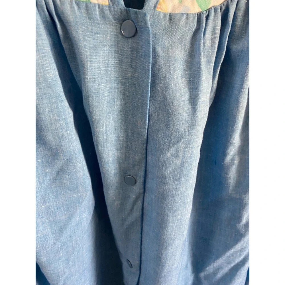 Simply Basic Blue Snap Front House Dress Floral Quilted Yoke Short Sleeve Pocket