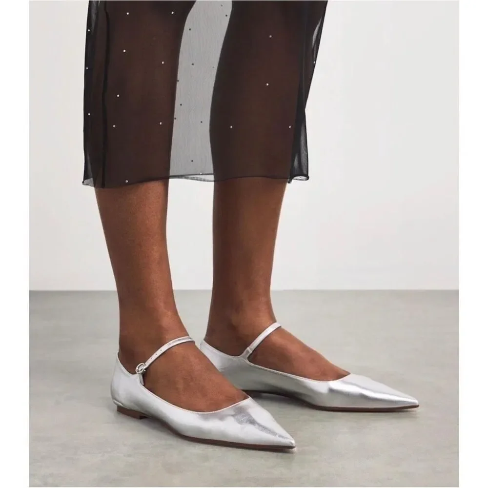 New AEYDE Cleo Pointed Toe Mary Jane Flat in Silver, Size EU 38.5/ US 8.5