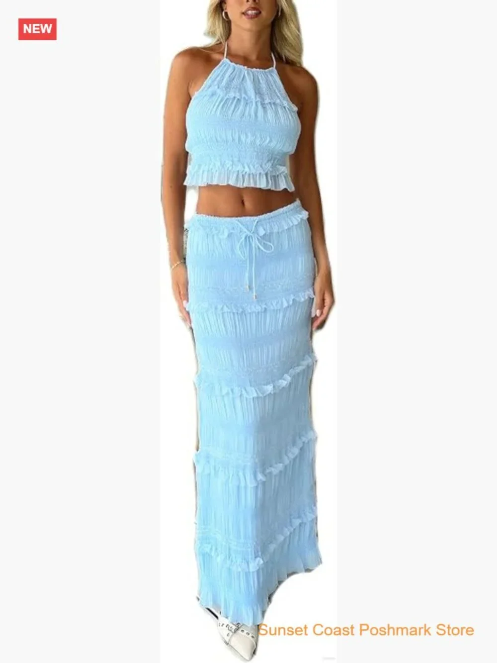 Y2k Maxi Skirt Set Backless Lace Halter Crop Top and Long Skirt 2 PCS Outfit