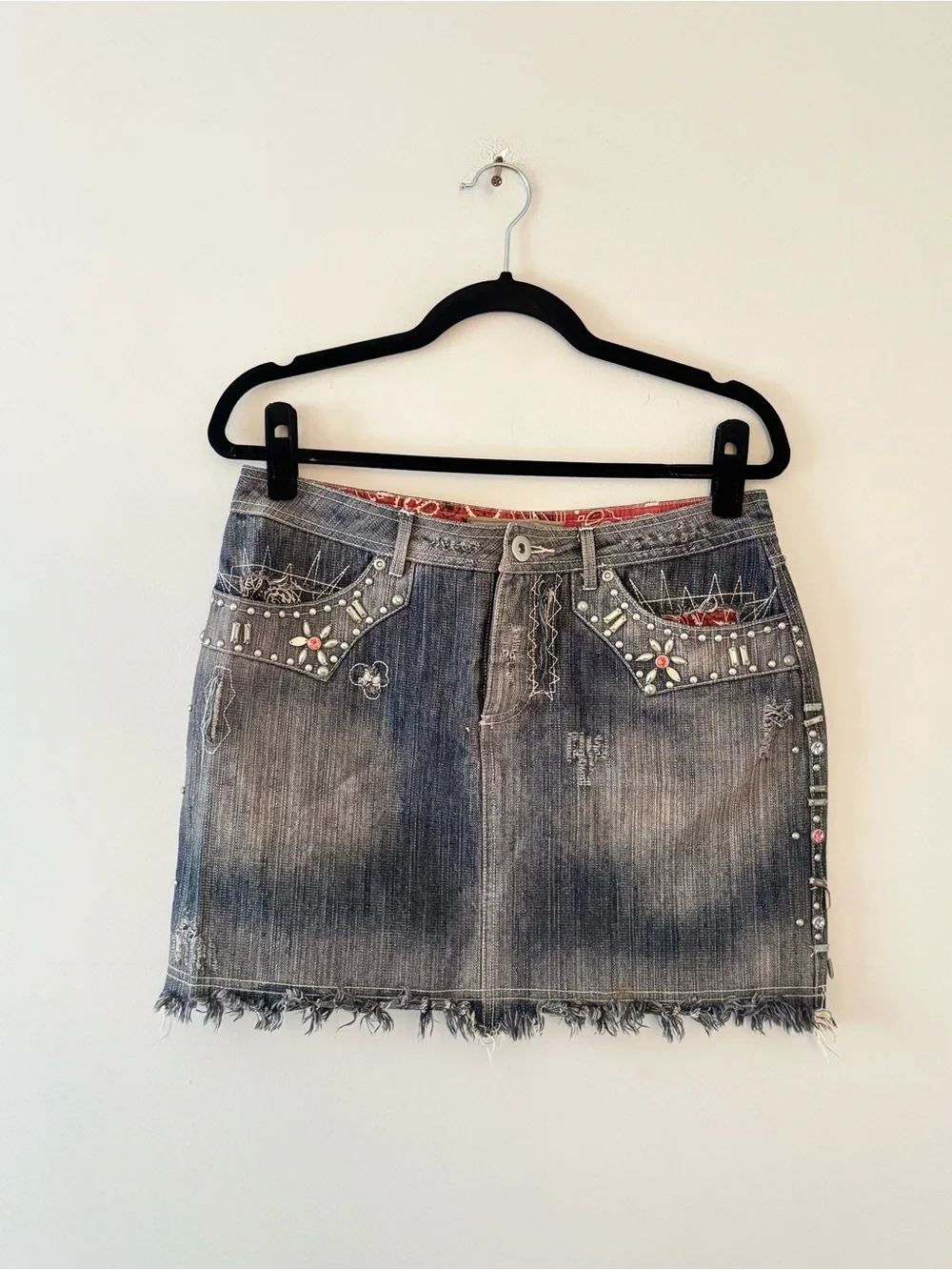 Double D Ranch Distressed Embellished Denim Mini Skirt Raw Hem Jean Beading
