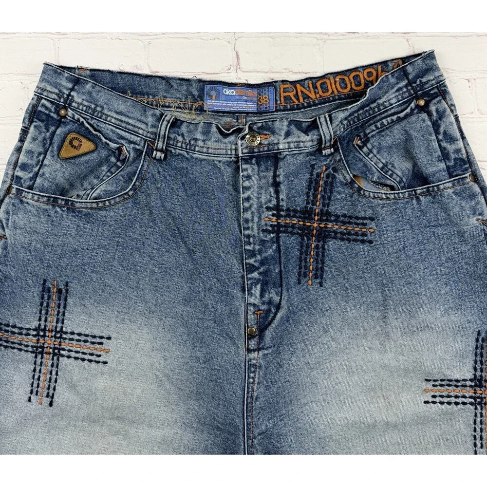 Akademiks Baggy Jean Shorts Vintage Y2K Blue Denim Embroidered Mens 38 Hip Hop