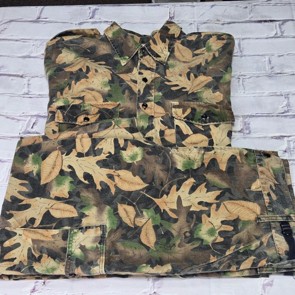 Vintage Kelly Kamo Tru-Leaf Camo Shirt Pants Set Hunting Utility Gear Mens XL