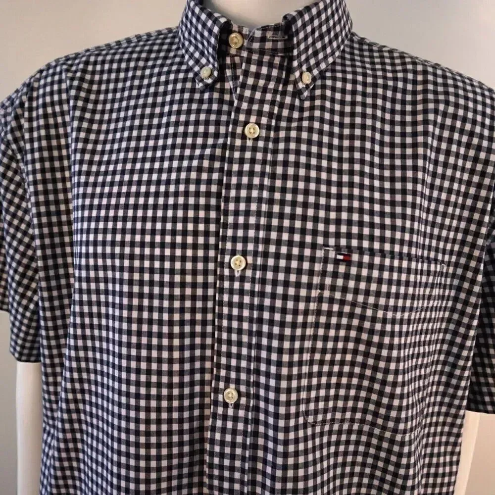 Tommy Hilfiger Mens XL Shirt Gingham Button Down Classic Fit Stretch Short Sleev