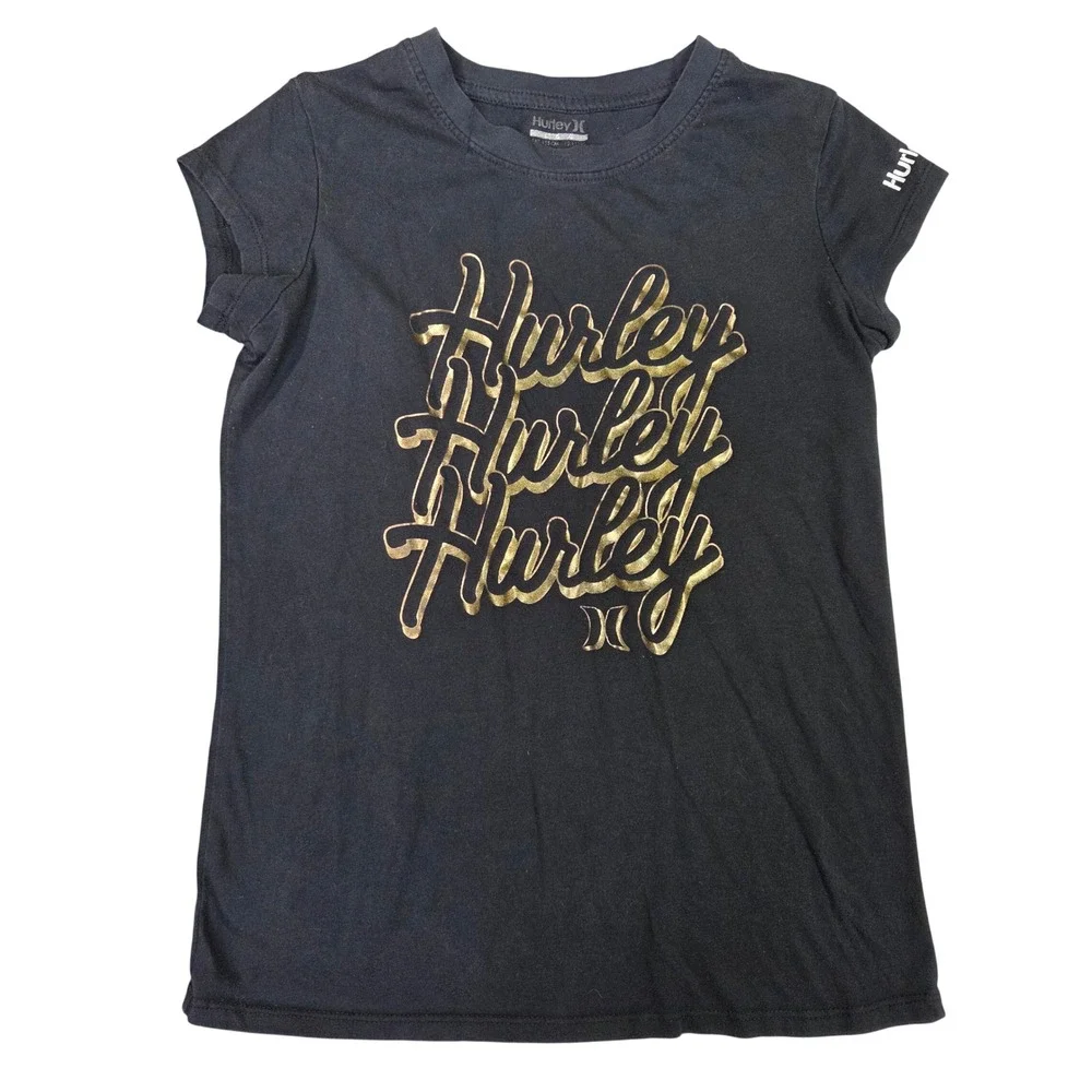Hurley Black Graphic Tee Gold Foil Logo Short Sleeve Shirt Girls L 12/14