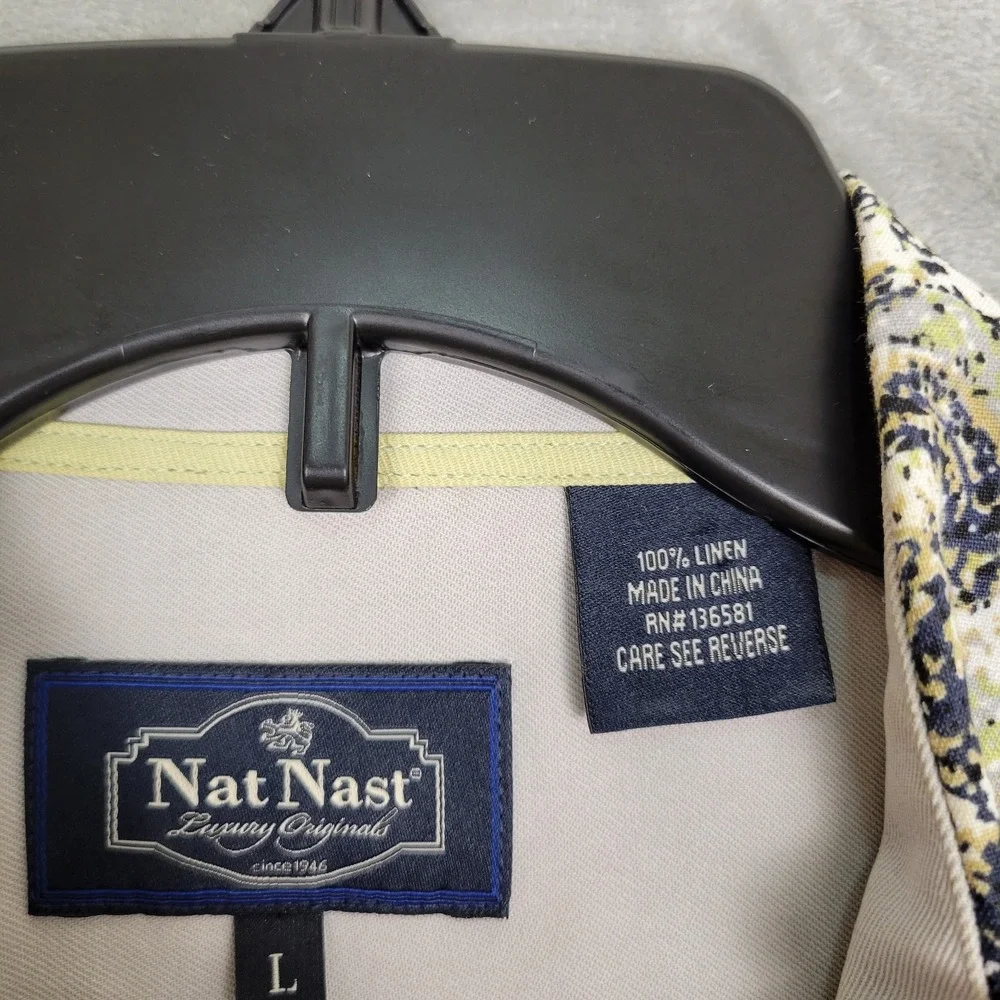 Nat Nast Luxury Originals Shirt Mens L Green Black Abstract 100% Linen Button-Up