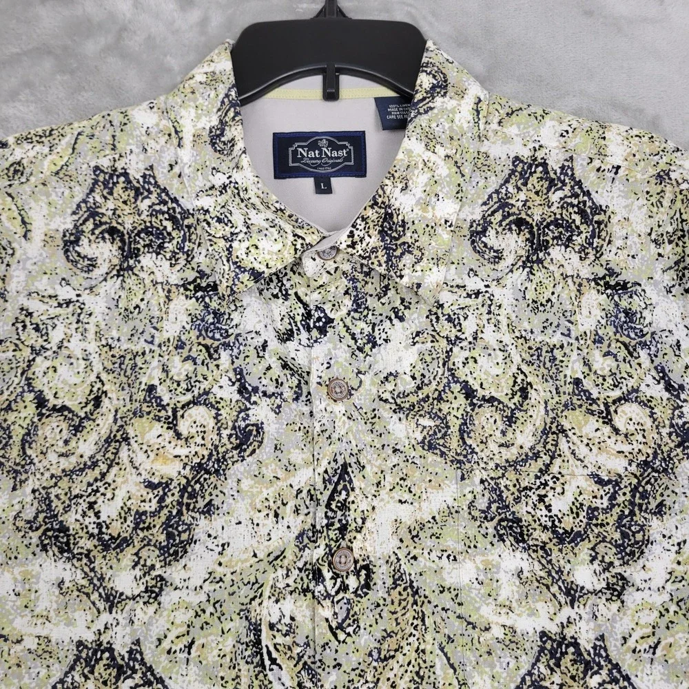 Nat Nast Luxury Originals Shirt Mens L Green Black Abstract 100% Linen Button-Up