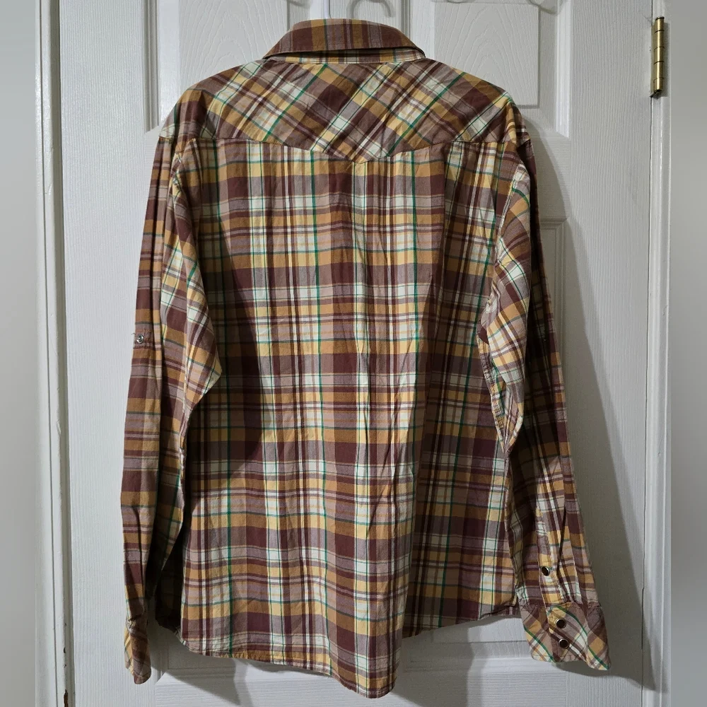 Y2K Green Oak Pearl Snap Brown & Green Plaid Long Sleeve Western Shirt, XL.
