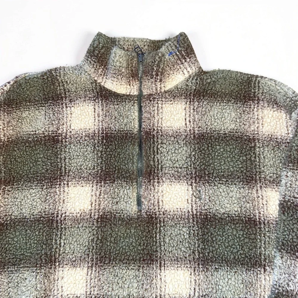 Nautica Men's XL Plaid Quarter Zip Fleece Pullover Brown Gray Outdoor