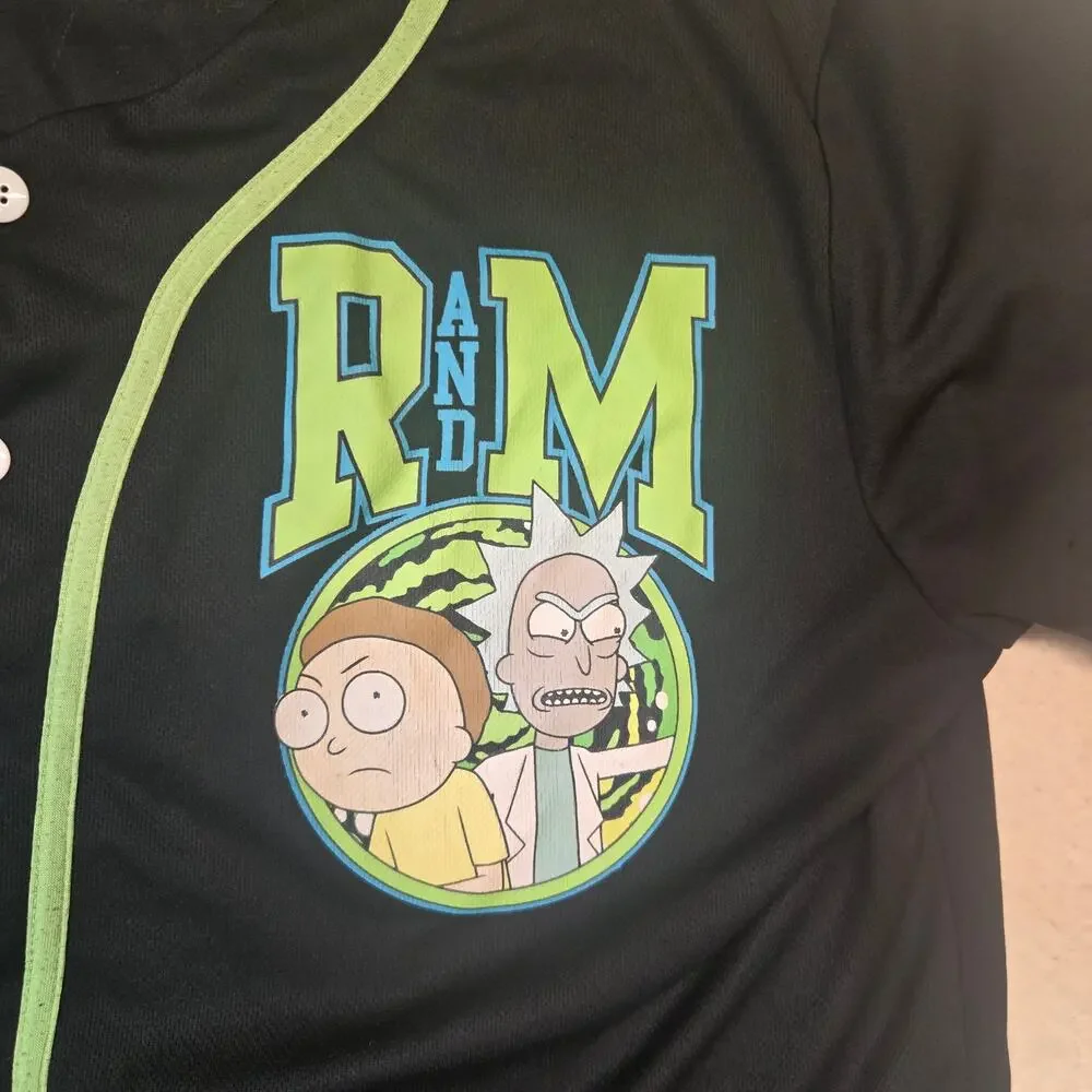 Rick and Morty Graphic Button Up Shirt Jersey Black Green Dimension C-137