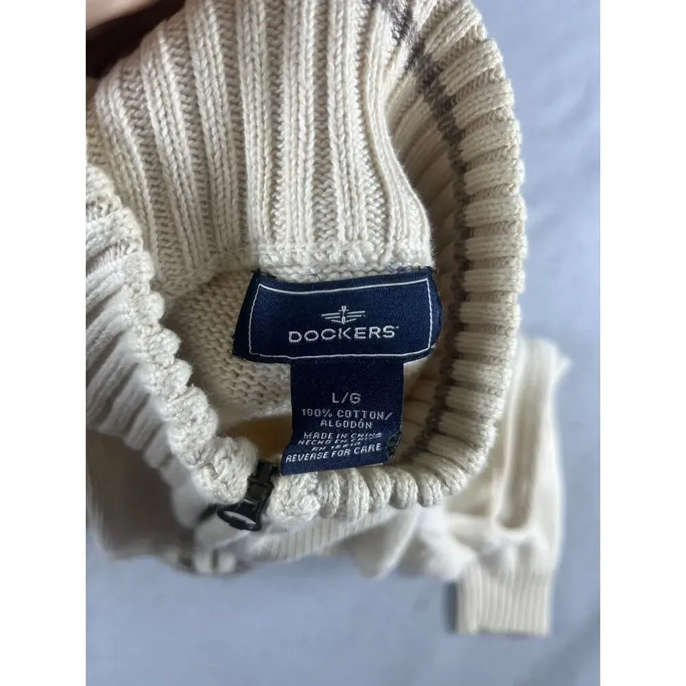 Dockers Sweater Mens L Cream 1/4 Zip Mock Neck Fair Isle Nordic Knit Pullover