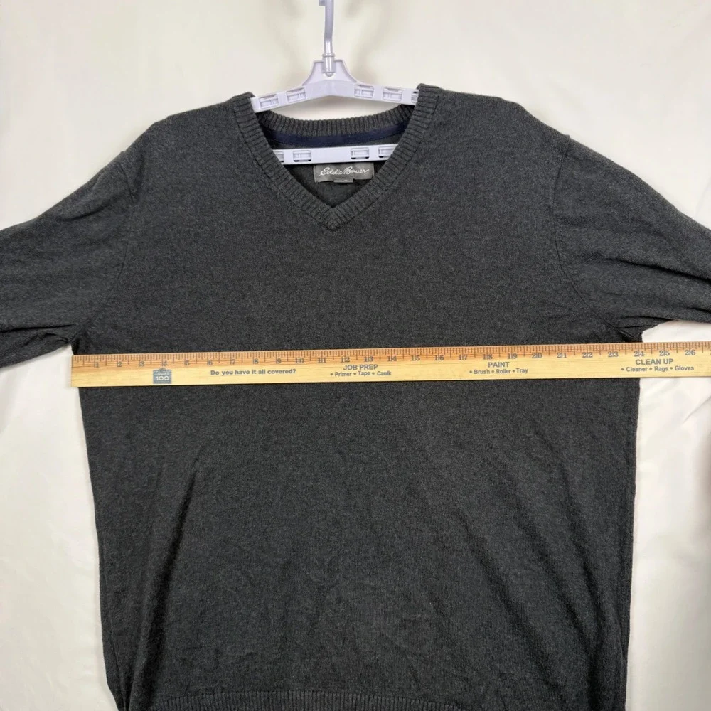 Eddie Bauer Mens Large Tall V-Neck Sweater Charcoal Gray Cotton Cashmere Blend