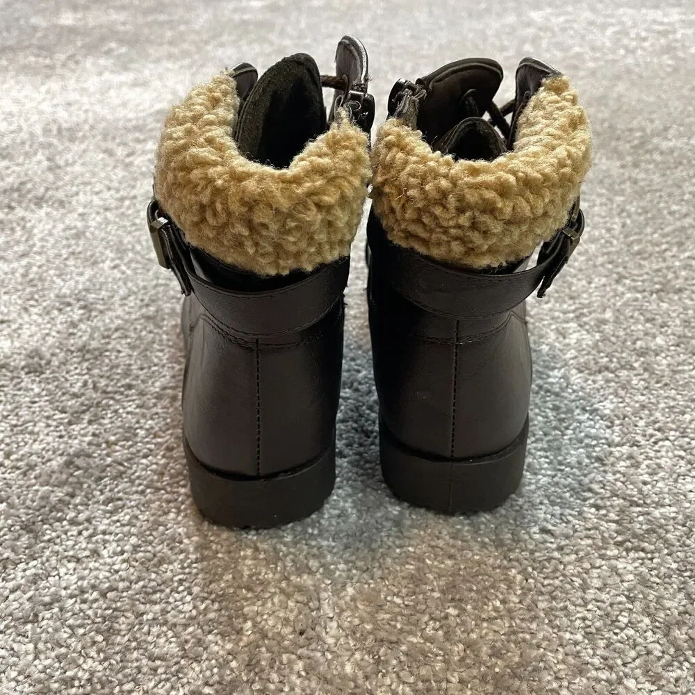 Wanted Girls Size 1 Boots Dark Brown Lace-up with Side Zipper Betsy Ankle Sherpa