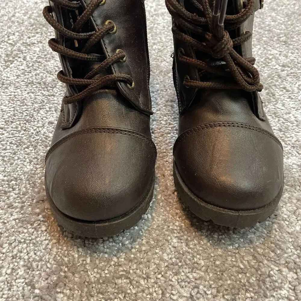 Wanted Girls Size 1 Boots Dark Brown Lace-up with Side Zipper Betsy Ankle Sherpa