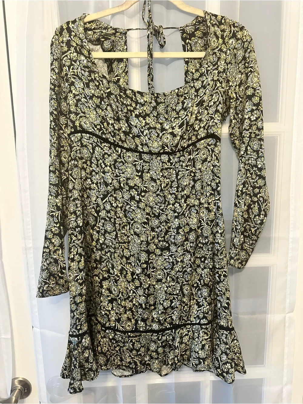 Free People Boheme Floral Mini Dress Square Neck Open Back Long Sleeve Size 10