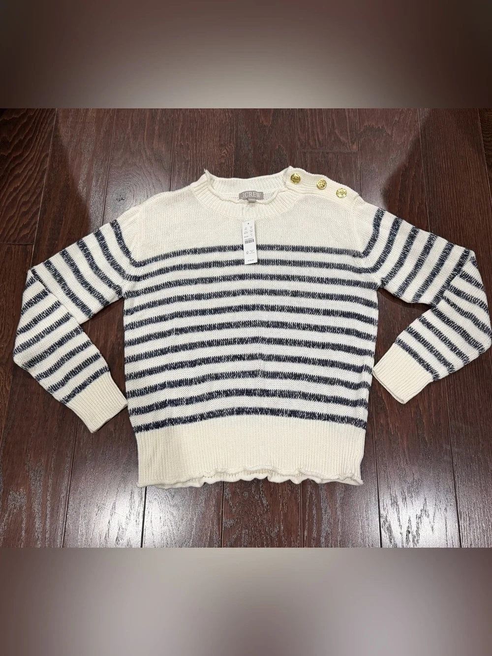 J.Crew Women Stripe Sweater Small Linen Blend Navy WhiteGold Button Nautical NEW