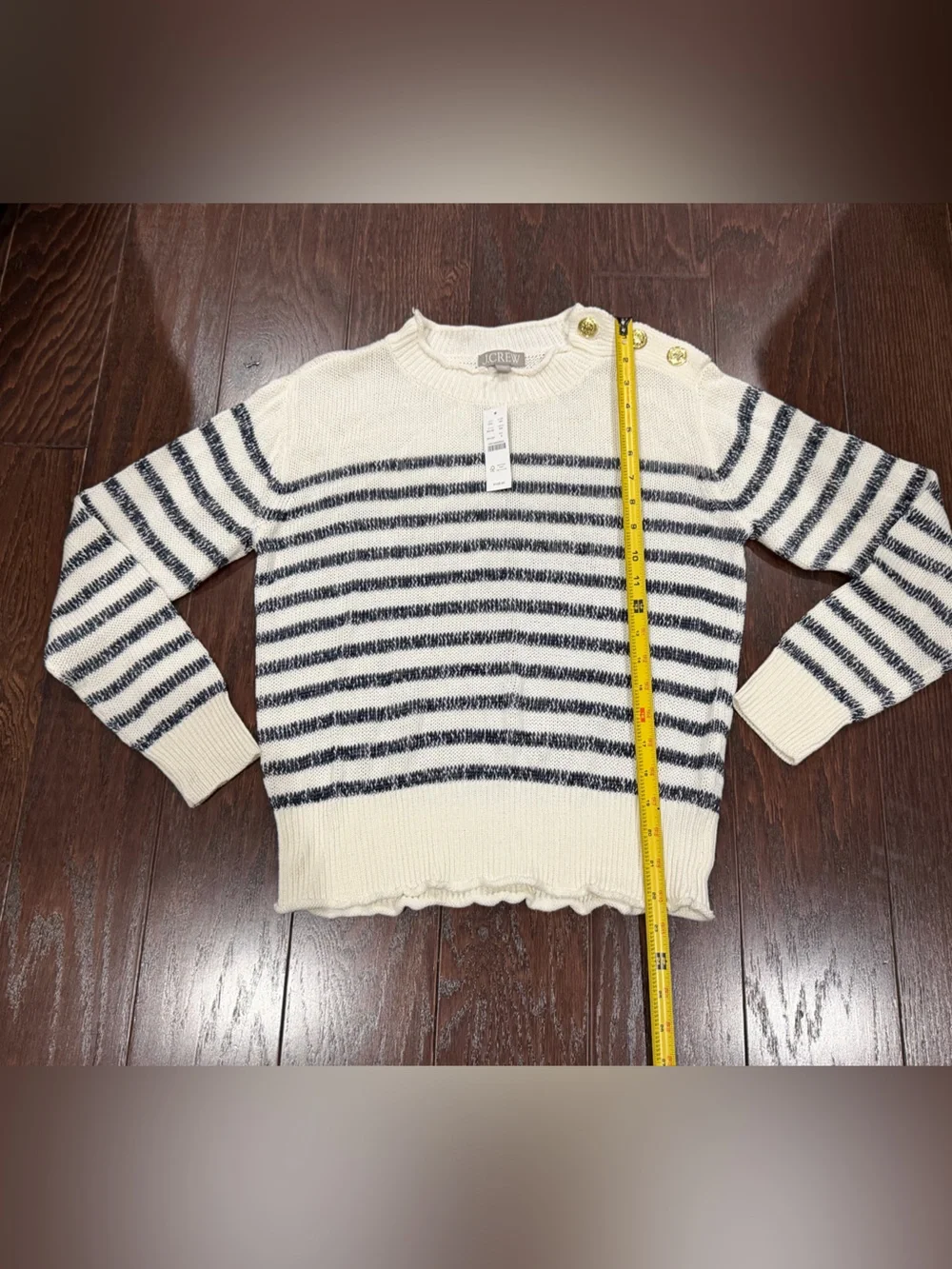 J.Crew Women Stripe Sweater Small Linen Blend Navy WhiteGold Button Nautical NEW