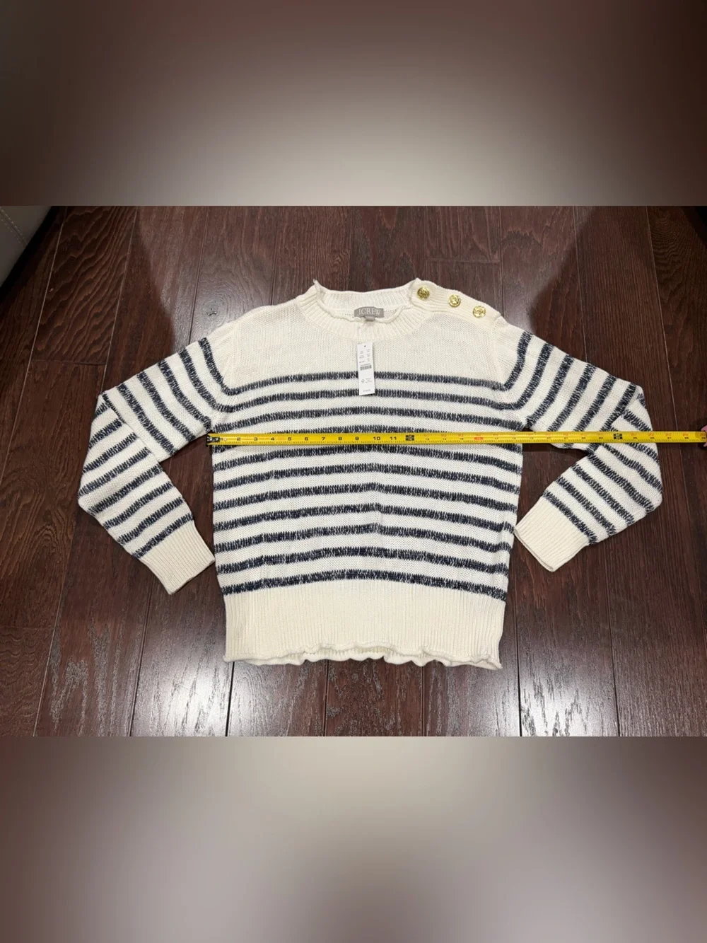 J.Crew Women Stripe Sweater Small Linen Blend Navy WhiteGold Button Nautical NEW