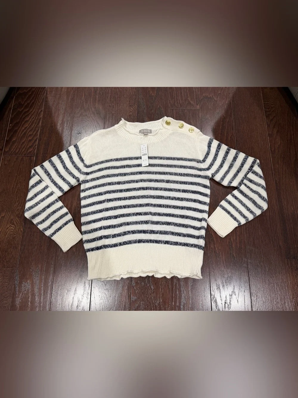 J.Crew Women Stripe Sweater Small Linen Blend Navy WhiteGold Button Nautical NEW