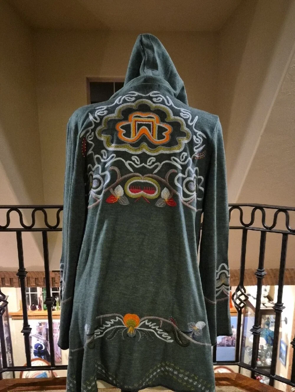 Soft Surroundings Teal Embroidered Open-Front Hooded Cardigan