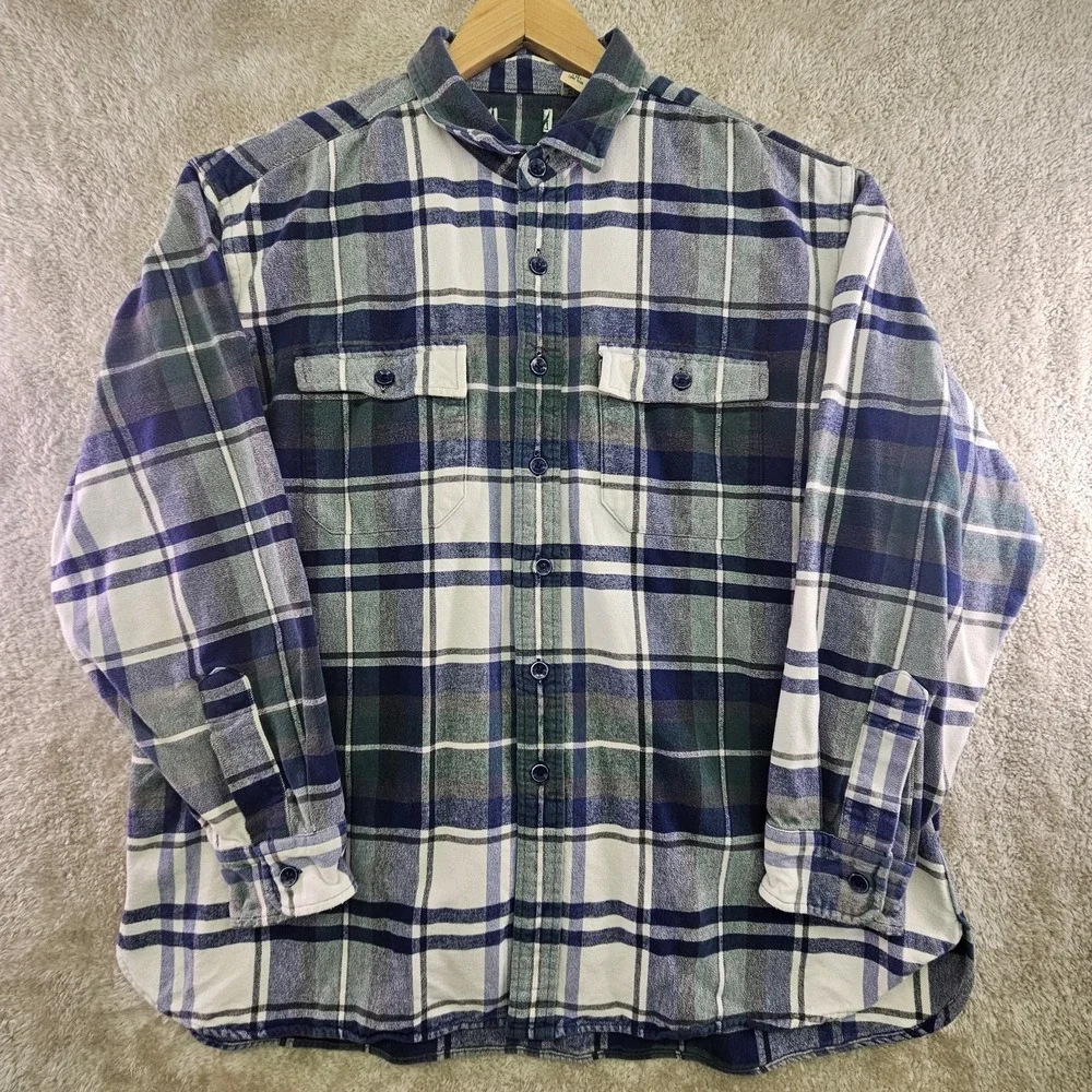 Vintage 90s L.L. Bean Flannel Shirt Mens XL Heavy Cotton Green Blue Tartan Plaid