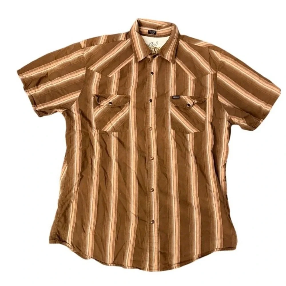 Bullhead Men's XL Brown Striped Pearl Snap‎ Shirt S/S Vtg variegated bushwhacker
