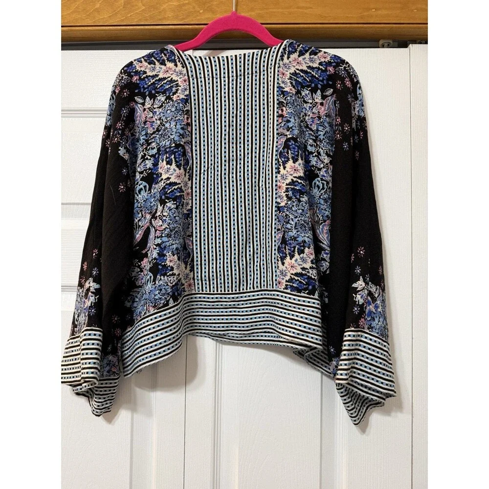 Free People Floral Stripe V-Neck Raglan Long Sleeve Viscose Blouse S