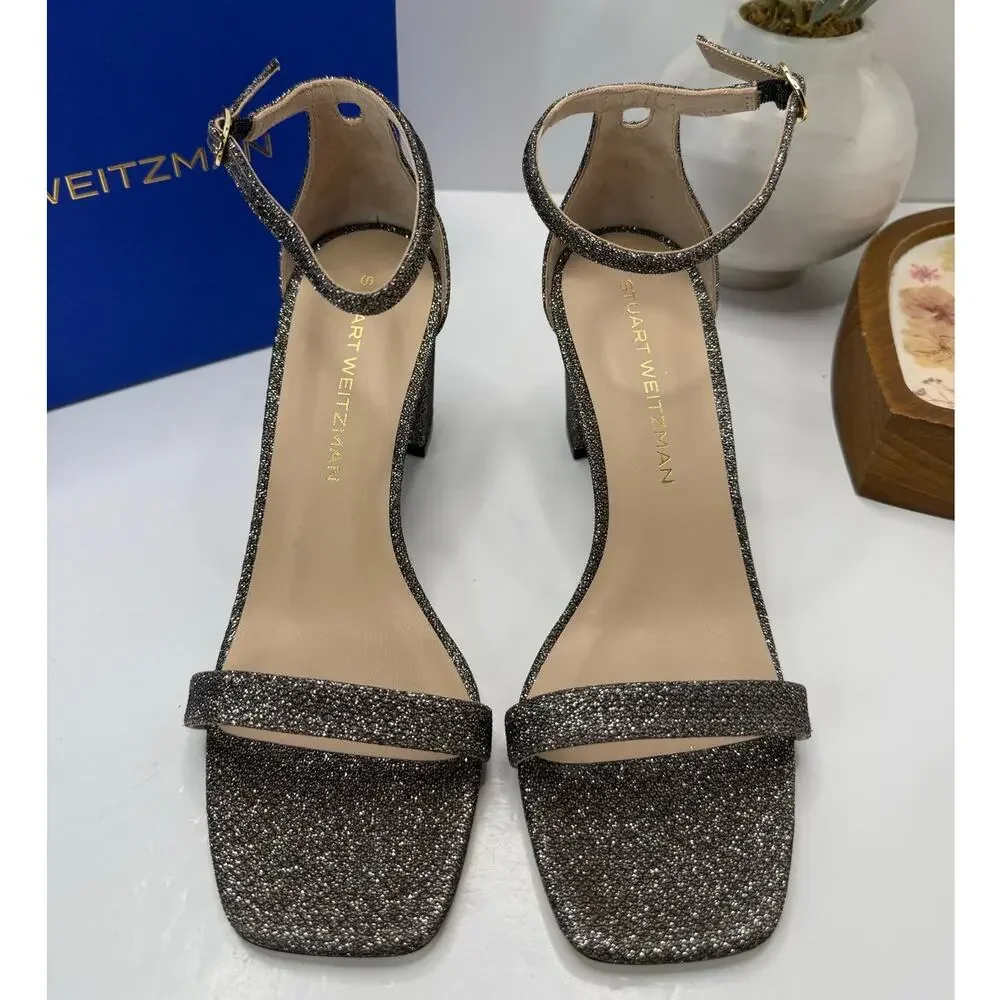 Stuart Weitzman Nudistcurve 75 Block Ankle Strap Sandal New Pyrite Women's 9B
