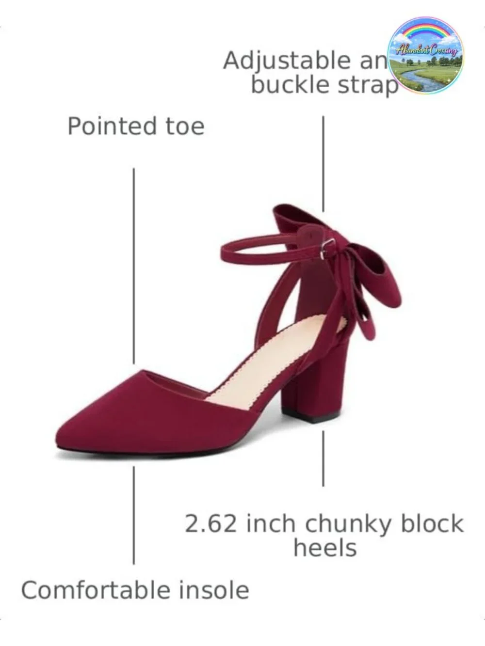 Women's Chunky Block Heels Ankle Strap Pointed Toe Suede Pumps with Bow