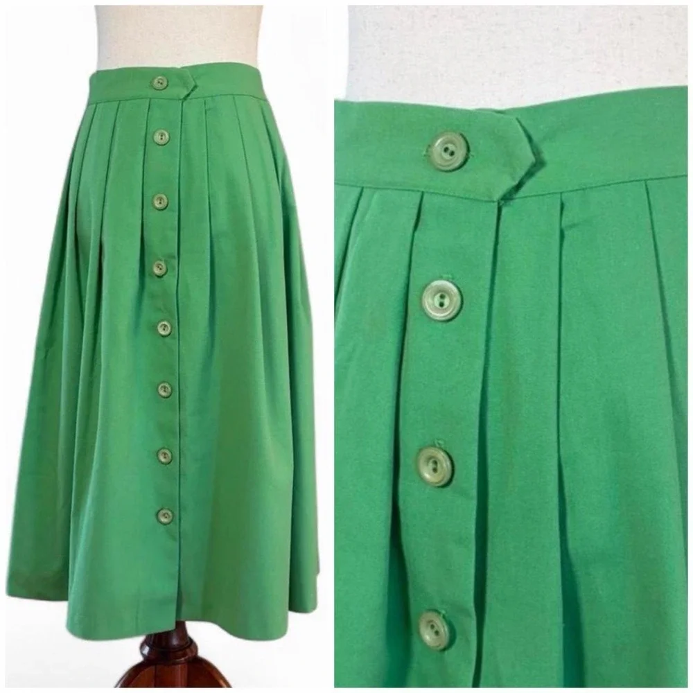 Vintage 70s Green Button Front Pleated Midi Skirt