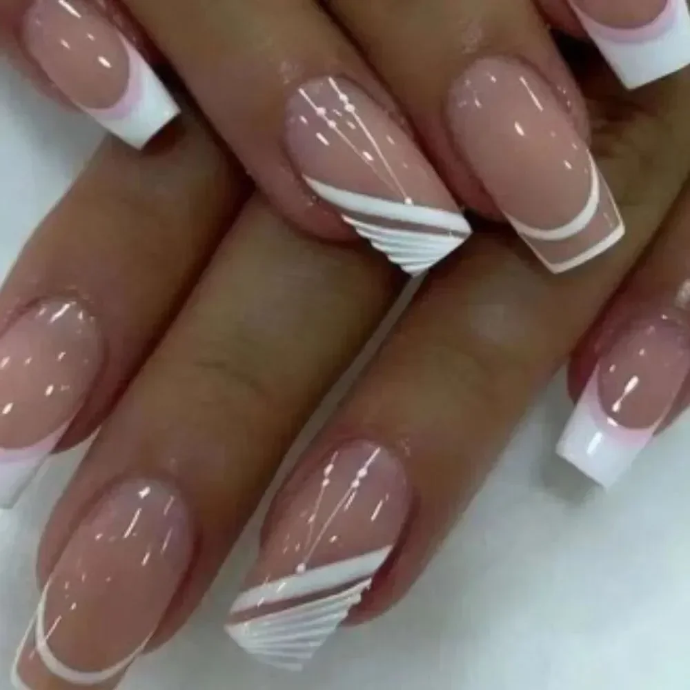 3for$20 Nails with 24pcs Long Square White Line French Style